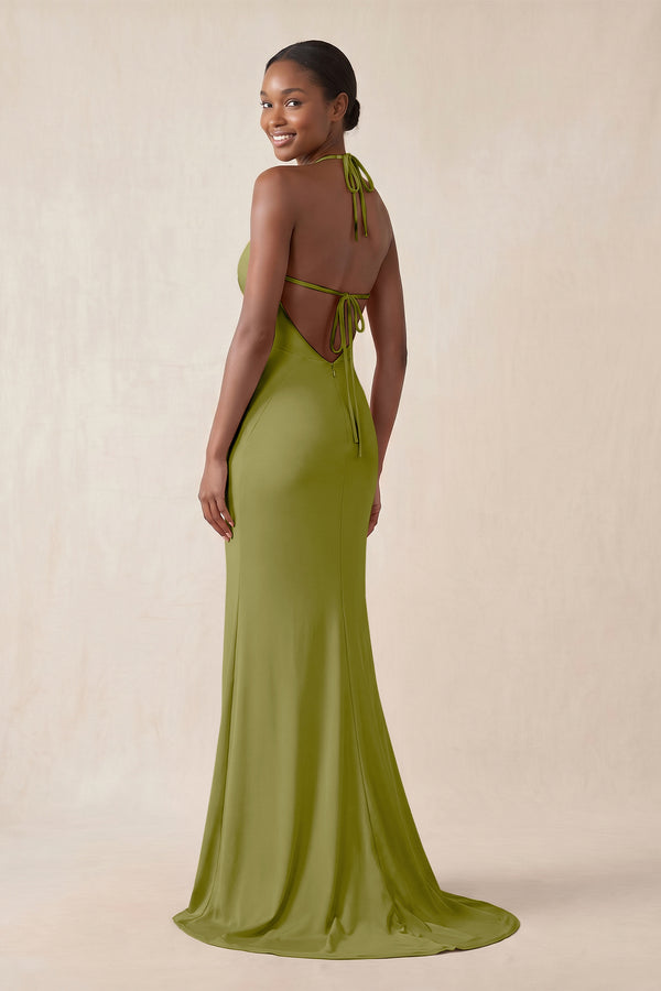 KissProm Mermaid V-Neck Satin Bridesmaid Dress With Slit in Moss Green, Moss Green / 12