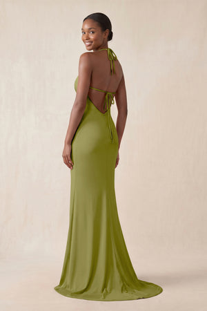 Mermaid V - Neck Satin Bridesmaid Dress With Slit in Moss Green - KissProm Bridesmaid Dresses