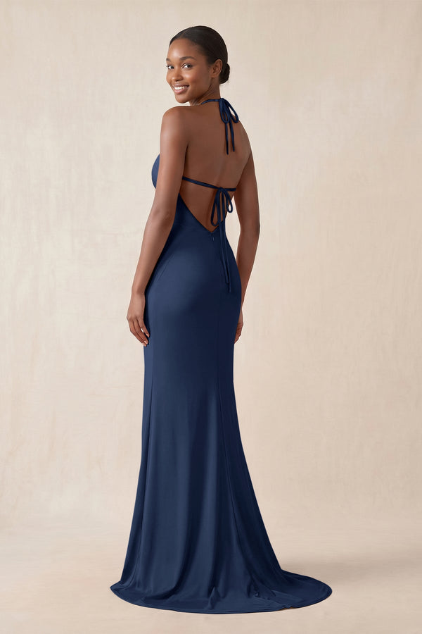 Mermaid V - Neck Satin Bridesmaid Dress With Slit in Navy - KissProm Bridesmaid Dresses