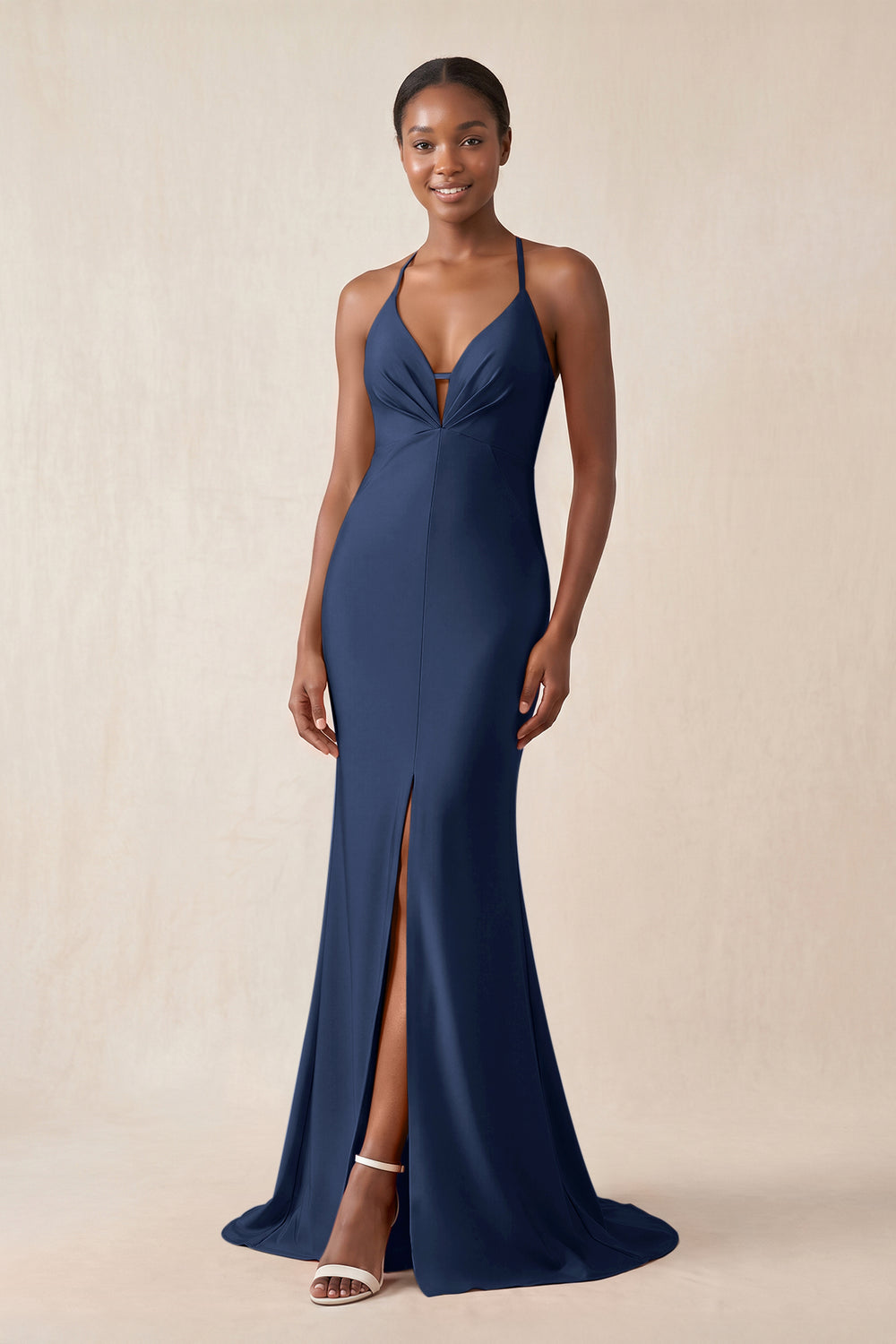 Mermaid V - Neck Satin Bridesmaid Dress With Slit in Navy - KissProm Bridesmaid Dresses