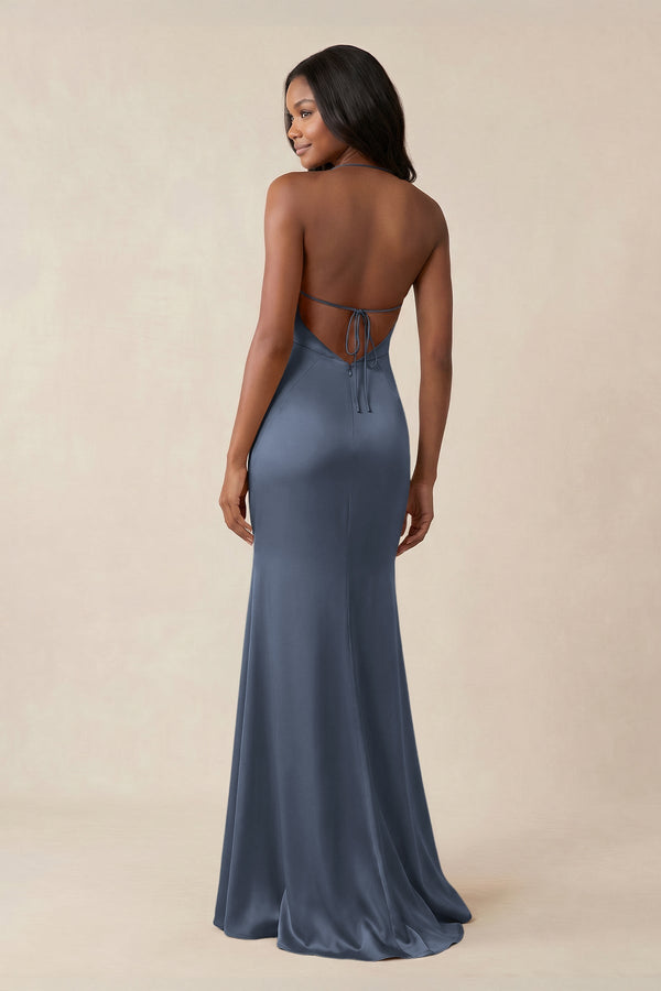 Mermaid V - Neck Satin Bridesmaid Dress With Slit in Neptune - KissProm Bridesmaid Dresses