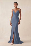 Mermaid V - Neck Satin Bridesmaid Dress With Slit in Neptune - KissProm Bridesmaid Dresses