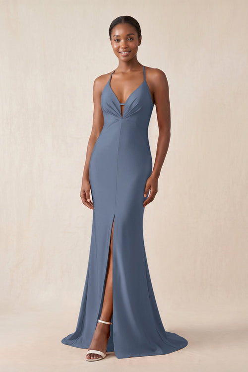 Mermaid V - Neck Satin Bridesmaid Dress With Slit in Neptune - KissProm Bridesmaid Dresses