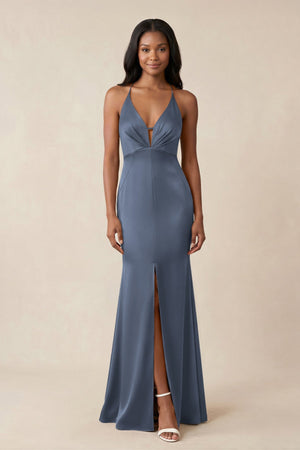 Mermaid V - Neck Satin Bridesmaid Dress With Slit in Neptune - KissProm Bridesmaid Dresses
