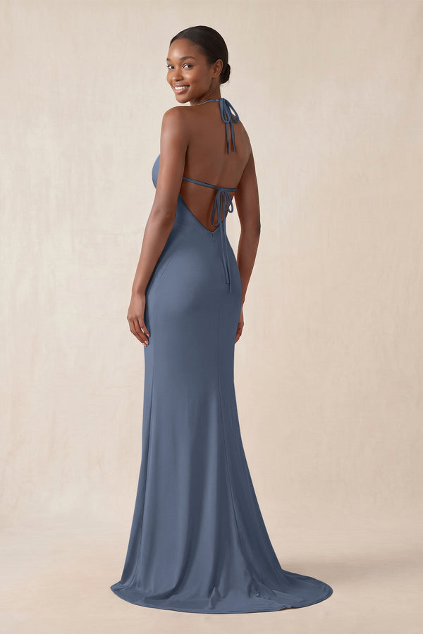 Mermaid V - Neck Satin Bridesmaid Dress With Slit in Neptune - KissProm Bridesmaid Dresses