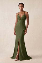 Mermaid V - Neck Satin Bridesmaid Dress With Slit in Olive - KissProm Bridesmaid Dresses