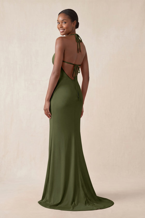 Mermaid V - Neck Satin Bridesmaid Dress With Slit in Olive - KissProm Bridesmaid Dresses