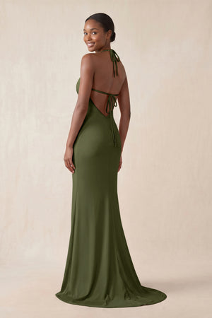 Mermaid V - Neck Satin Bridesmaid Dress With Slit in Olive - KissProm Bridesmaid Dresses