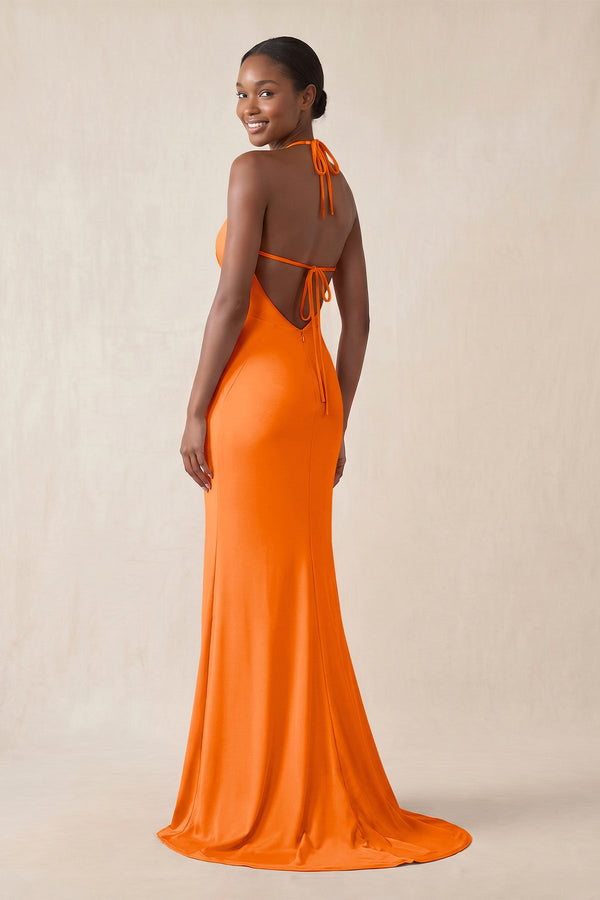 Mermaid V - Neck Satin Bridesmaid Dress With Slit in Orange - KissProm Bridesmaid Dresses