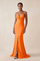 Mermaid V - Neck Satin Bridesmaid Dress With Slit in Orange - KissProm Bridesmaid Dresses