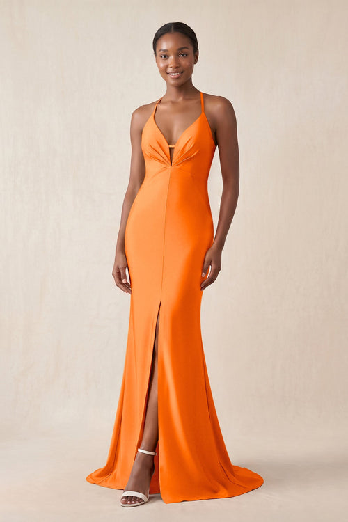 Mermaid V - Neck Satin Bridesmaid Dress With Slit in Orange - KissProm Bridesmaid Dresses