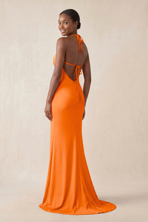 Mermaid V - Neck Satin Bridesmaid Dress With Slit in Orange - KissProm Bridesmaid Dresses