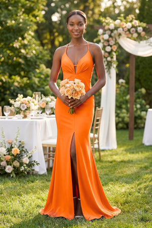 Mermaid V - Neck Satin Bridesmaid Dress With Slit in Orange - KissProm Bridesmaid Dresses