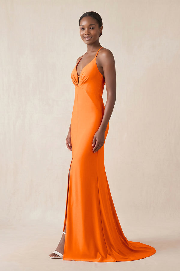 Mermaid V - Neck Satin Bridesmaid Dress With Slit in Orange - KissProm Bridesmaid Dresses