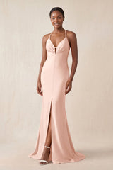 Mermaid V - Neck Satin Bridesmaid Dress With Slit in Pale Blush - KissProm Bridesmaid Dresses