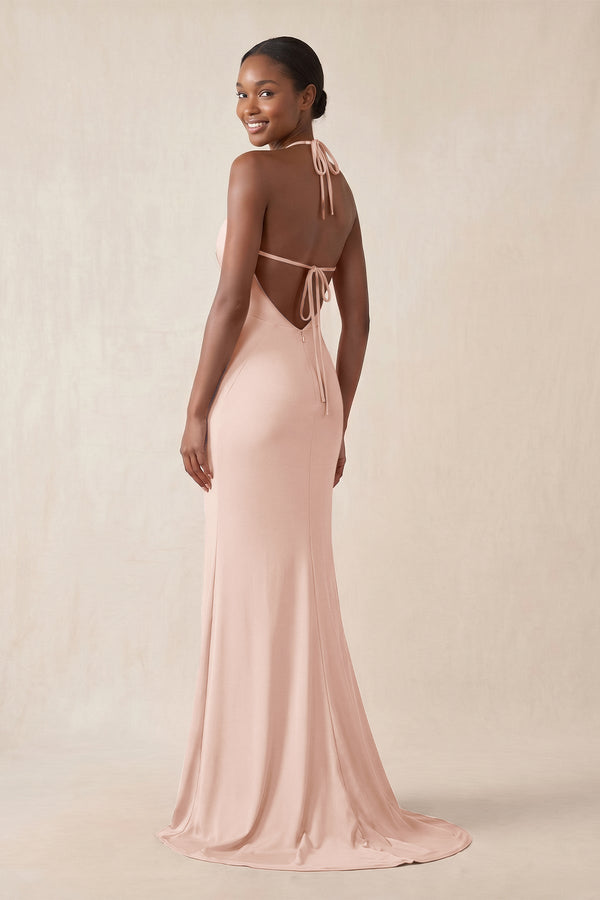 Mermaid V - Neck Satin Bridesmaid Dress With Slit in Pale Blush - KissProm Bridesmaid Dresses