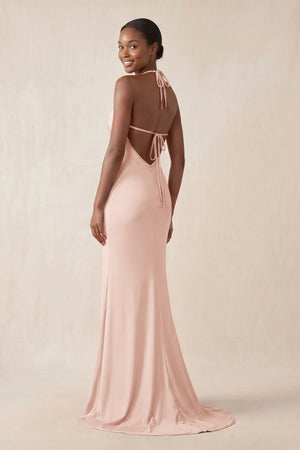 Mermaid V - Neck Satin Bridesmaid Dress With Slit in Pale Blush - KissProm Bridesmaid Dresses