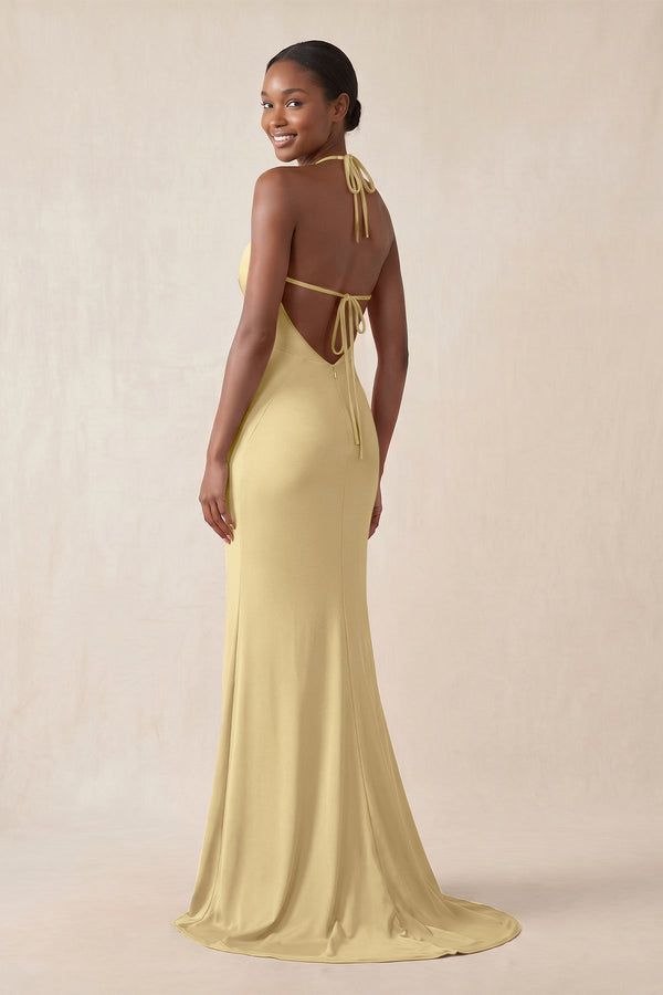 Mermaid V - Neck Satin Bridesmaid Dress With Slit in Pastel Yellow - KissProm Bridesmaid Dresses