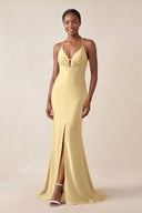 Mermaid V - Neck Satin Bridesmaid Dress With Slit in Pastel Yellow - KissProm Bridesmaid Dresses