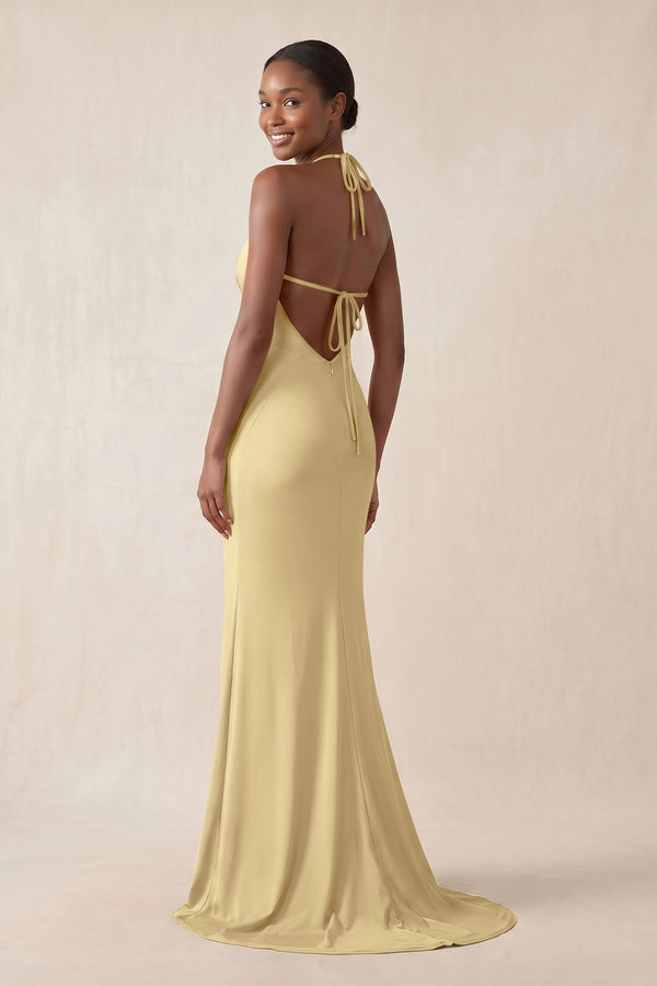 Mermaid V - Neck Satin Bridesmaid Dress With Slit in Pastel Yellow - KissProm Bridesmaid Dresses