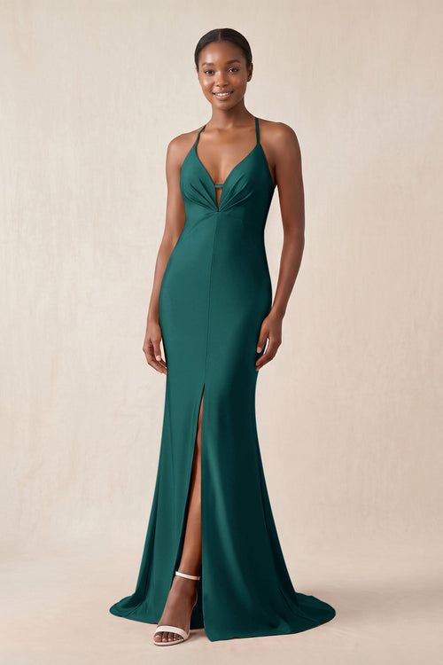 Mermaid V - Neck Satin Bridesmaid Dress With Slit in Pine - KissProm Bridesmaid Dresses