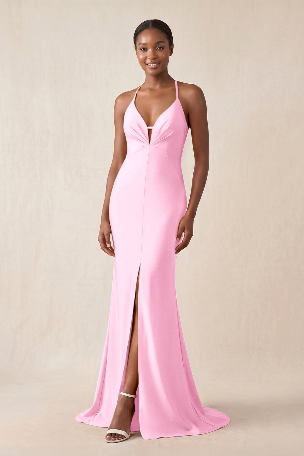 Mermaid V - Neck Satin Bridesmaid Dress With Slit in Pink - KissProm Bridesmaid Dresses