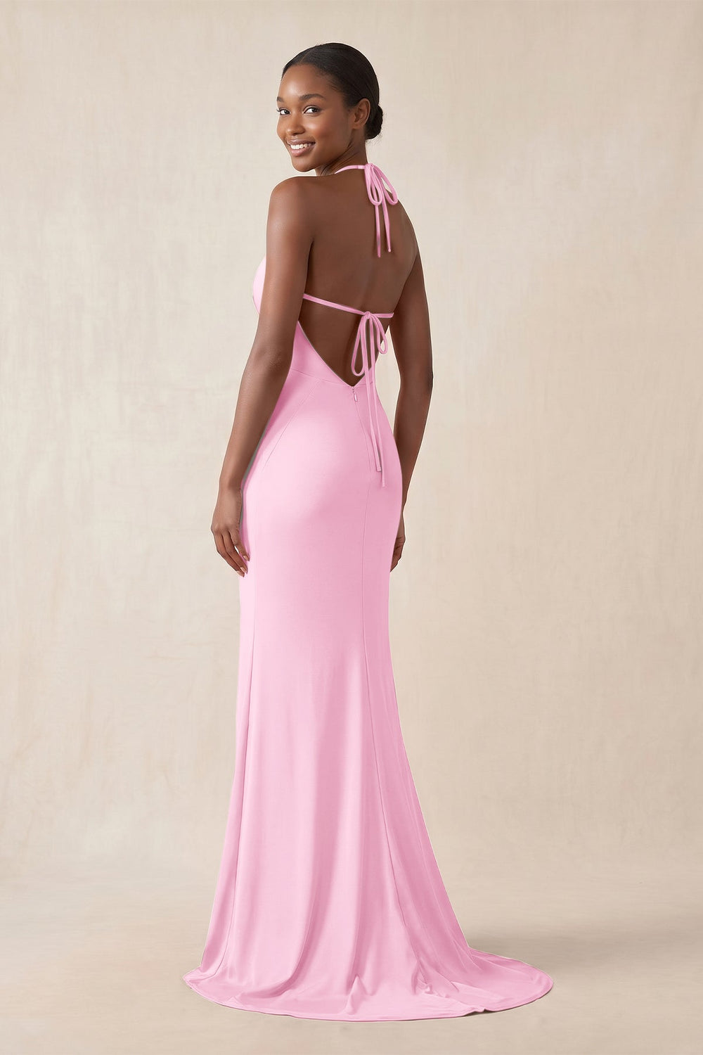 Mermaid V - Neck Satin Bridesmaid Dress With Slit in Pink - KissProm Bridesmaid Dresses