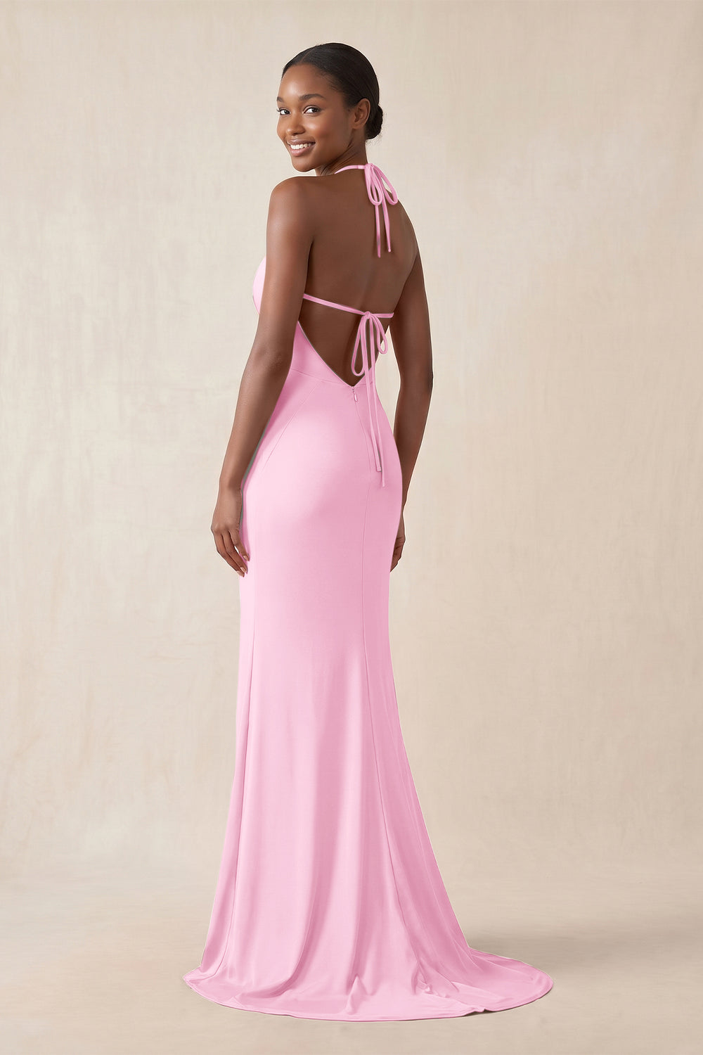 Mermaid V - Neck Satin Bridesmaid Dress With Slit in Pink - KissProm Bridesmaid Dresses