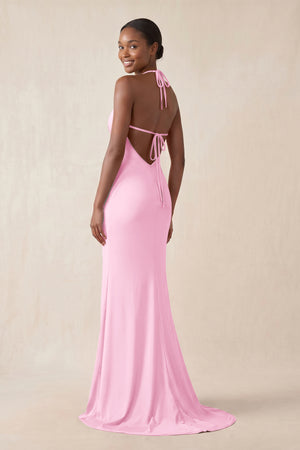 Mermaid V - Neck Satin Bridesmaid Dress With Slit in Pink - KissProm Bridesmaid Dresses