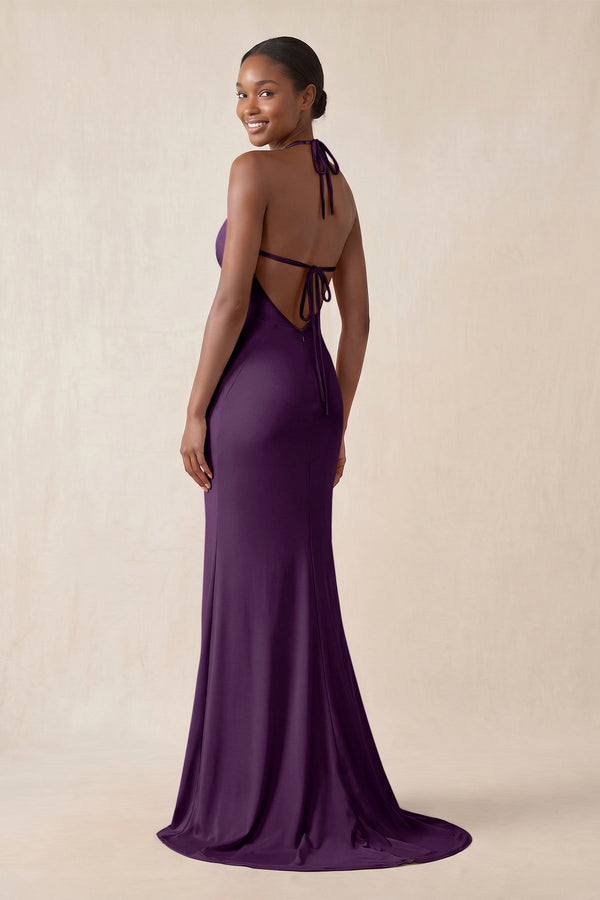 Mermaid V - Neck Satin Bridesmaid Dress With Slit in Plum - KissProm Bridesmaid Dresses
