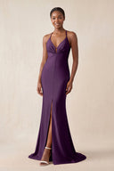 Mermaid V - Neck Satin Bridesmaid Dress With Slit in Plum - KissProm Bridesmaid Dresses