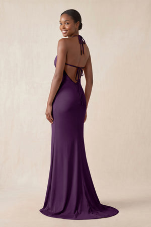 Mermaid V - Neck Satin Bridesmaid Dress With Slit in Plum - KissProm Bridesmaid Dresses