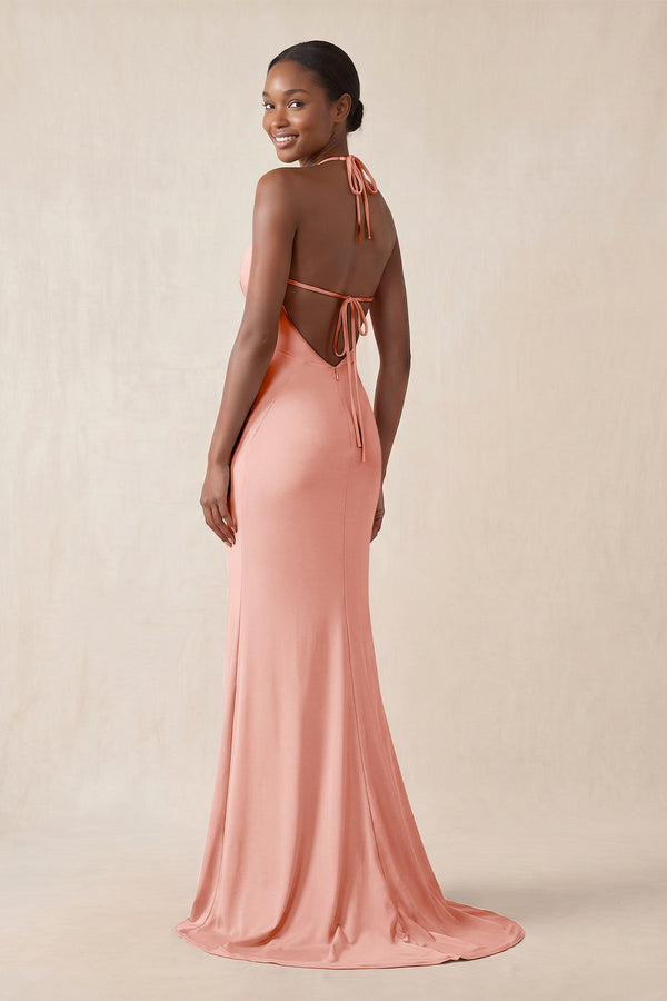 Mermaid V - Neck Satin Bridesmaid Dress With Slit in Rose Petal - KissProm Bridesmaid Dresses