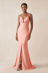 Mermaid V - Neck Satin Bridesmaid Dress With Slit in Rose Petal - KissProm Bridesmaid Dresses
