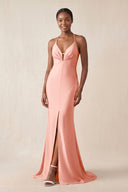 Mermaid V - Neck Satin Bridesmaid Dress With Slit in Rose Petal - KissProm Bridesmaid Dresses