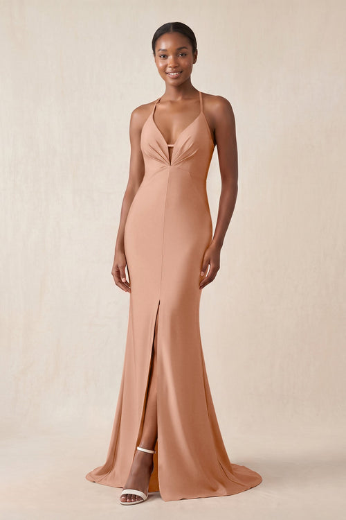 Mermaid V - Neck Satin Bridesmaid Dress With Slit in Rosette - KissProm Bridesmaid Dresses