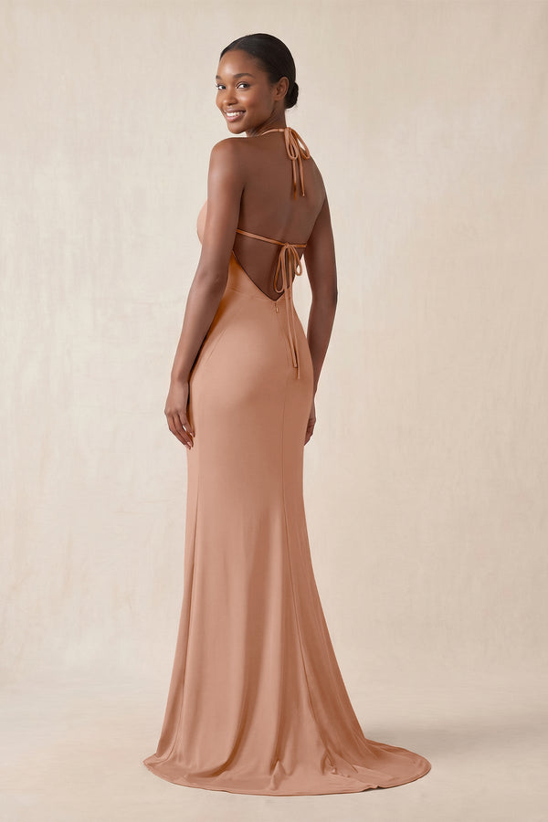 Mermaid V - Neck Satin Bridesmaid Dress With Slit in Rosette - KissProm Bridesmaid Dresses