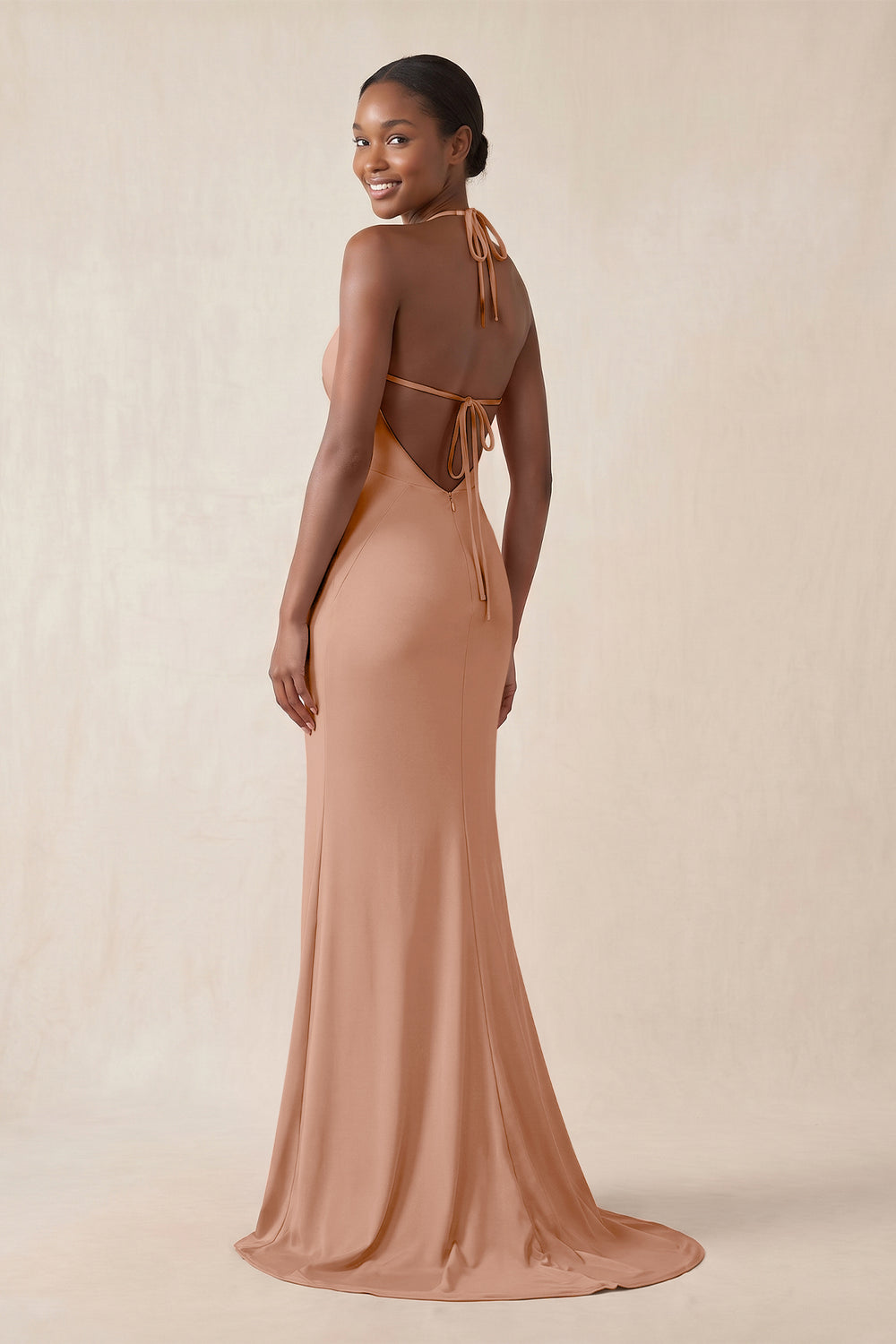 Mermaid V - Neck Satin Bridesmaid Dress With Slit in Rosette - KissProm Bridesmaid Dresses