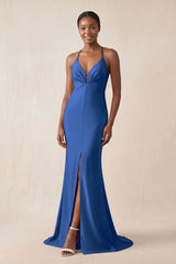 Mermaid V - Neck Satin Bridesmaid Dress With Slit in Royal Blue - KissProm Bridesmaid Dresses