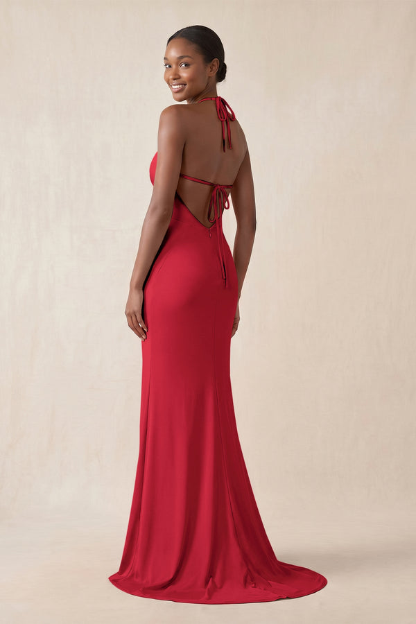 Mermaid V - Neck Satin Bridesmaid Dress With Slit in Ruby Red - KissProm Bridesmaid Dresses