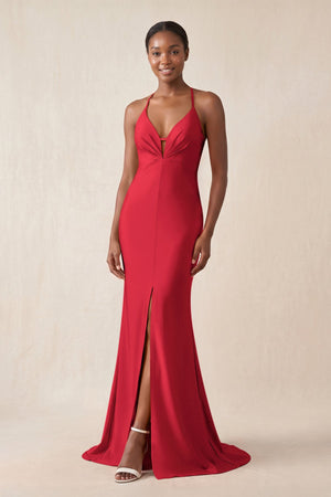 Mermaid V - Neck Satin Bridesmaid Dress With Slit in Ruby Red - KissProm Bridesmaid Dresses