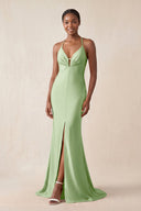 Mermaid V - Neck Satin Bridesmaid Dress With Slit in Sage - KissProm Bridesmaid Dresses