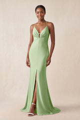 Mermaid V - Neck Satin Bridesmaid Dress With Slit in Sage - KissProm Bridesmaid Dresses