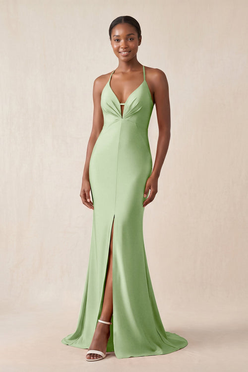 Mermaid V - Neck Satin Bridesmaid Dress With Slit in Sage - KissProm Bridesmaid Dresses