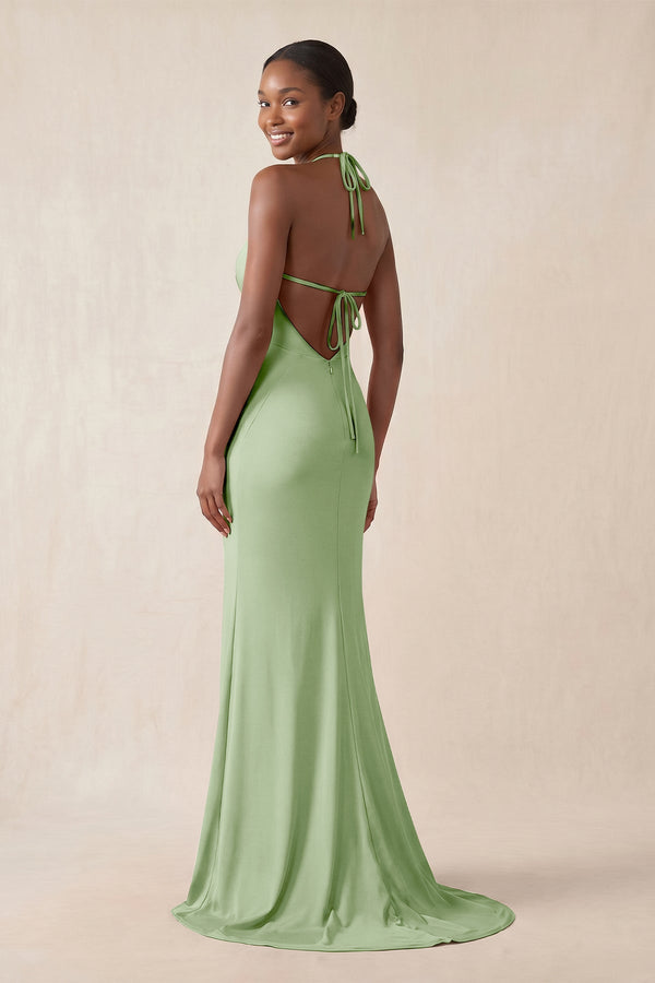 Mermaid V - Neck Satin Bridesmaid Dress With Slit in Sage - KissProm Bridesmaid Dresses