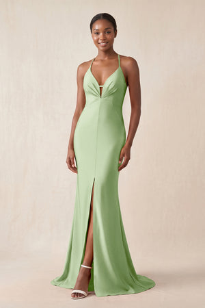 Mermaid V - Neck Satin Bridesmaid Dress With Slit in Sage - KissProm Bridesmaid Dresses
