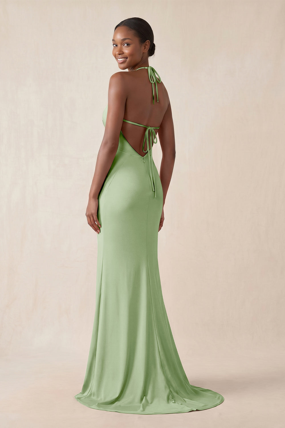 Mermaid V - Neck Satin Bridesmaid Dress With Slit in Sage - KissProm Bridesmaid Dresses