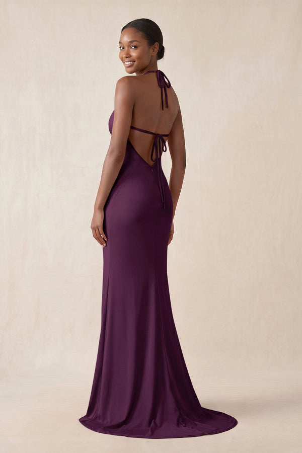 Mermaid V - Neck Satin Bridesmaid Dress With Slit in Sangria - KissProm Bridesmaid Dresses