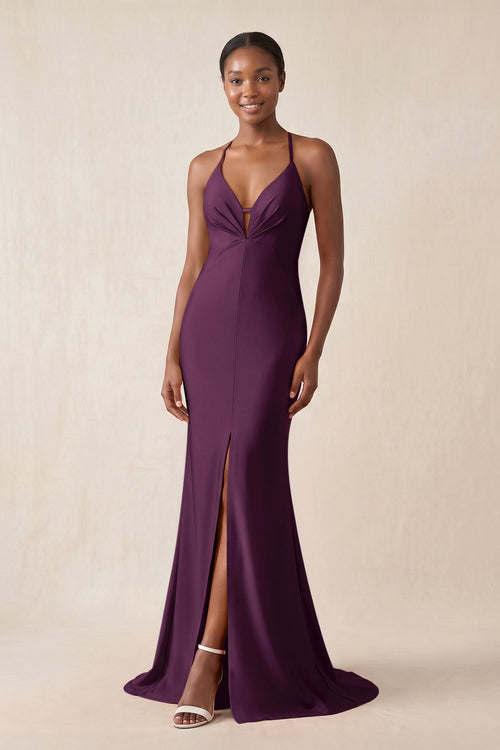 Mermaid V - Neck Satin Bridesmaid Dress With Slit in Sangria - KissProm Bridesmaid Dresses