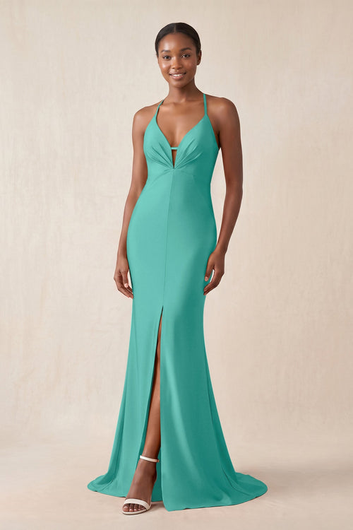 Mermaid V - Neck Satin Bridesmaid Dress With Slit in Sea Glass - KissProm Bridesmaid Dresses